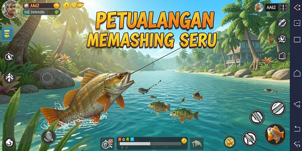 Screenshot gameplay AA62, menunjukkan petualangan memancing yang seru.