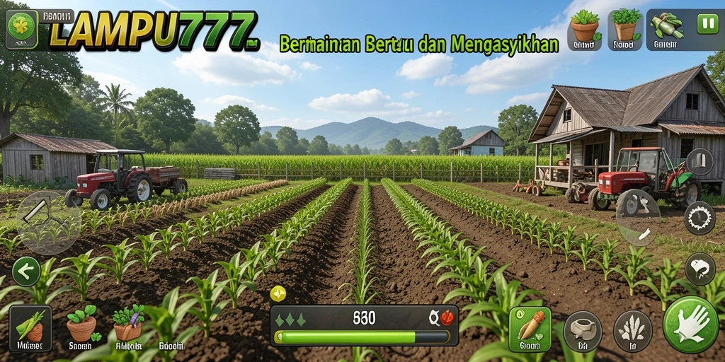 Tampilan gameplay seru dalam LAMPU777 dengan aktivitas bertani.