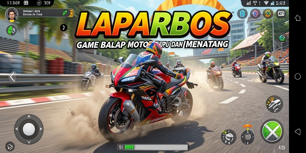 Tampilan gameplay LAPARBOS saat balap motor di trek menantang.