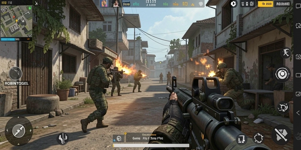 Tangkapan layar ROBINTOGEL menampilkan aksi pertempuran menegangkan dalam game FPS.