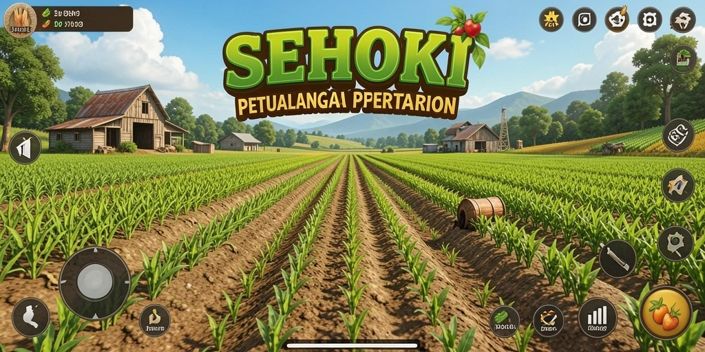 Screenshot dari gameplay SEHOKI yang menampilkan ladang indah dan aktivitas bertani.